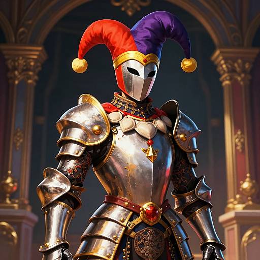 Digital art of a masked, armored figure with a red and purple jester hat, gold accents, and ornate background. Eerie, regal