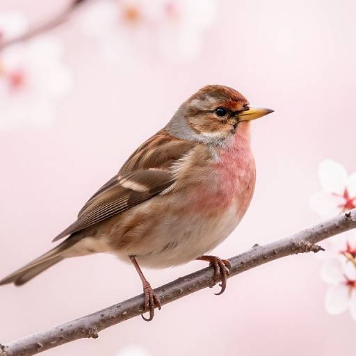 Photograph of a small, brown and pinkish bird with a yellow beak perched on a thin branch against a blurred white background.