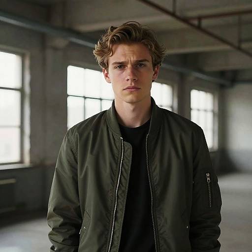 Photograph of a serious young man with curly brown hair, wearing a dark green bomber jacket over a black shirt, standing in a dimly lit,