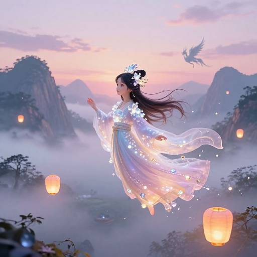 Digital anime-style illustration of a glowing, ethereal Asian woman in a flowing white dress, floating amidst floating lanterns, misty mountains, and a