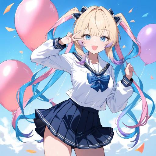 Cute Girl with Quad Tails and Balloons