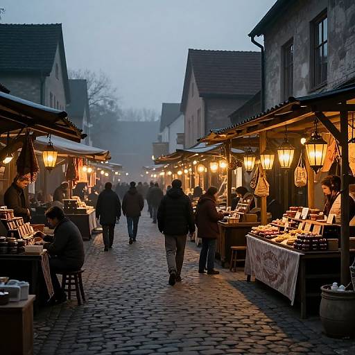 Photograph of a dimly-lit, cobblestone evening market with warm, glowing lanterns, vendors, and customers walking along both sides of