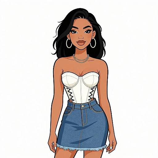 Digital illustration of a confident woman with long black hair, hoop earrings, white strapless corset, and blue denim skirt, standing against a white background