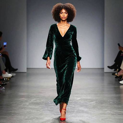 Female Model in Emerald Velvet Gown on Runway