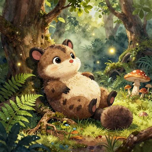 Whimsical digital illustration of a cute, chubby, spotted chipmunk lounging against a tree in a sunlit, enchanted forest with glowing fire