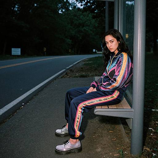 Photograph of a young woman with long black hair, wearing colorful track suit with rainbow stripes, sitting on a bus stop bench, near a dark,