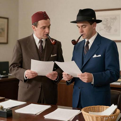 Two Men in 1940s Office with Pipes and Papers
