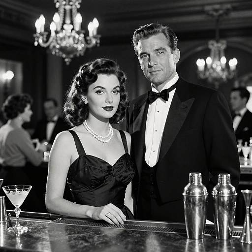 Black-and-white photograph of a 1950s-style couple in formal attire at a luxurious bar, with chandeliers, cocktails, and a sh