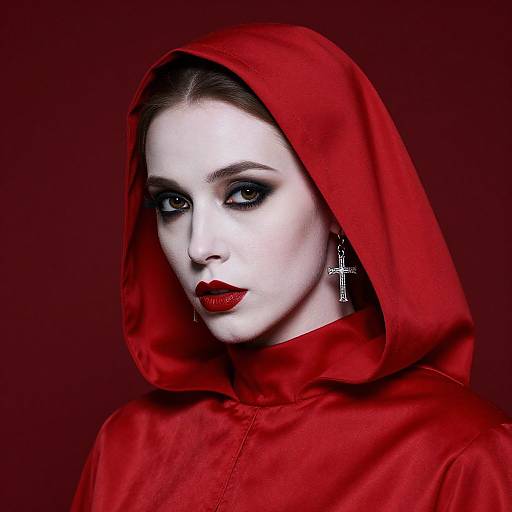 Photograph of a pale-skinned woman with dark eye makeup, red lipstick, and a red hooded cloak, wearing a cross earring, against
