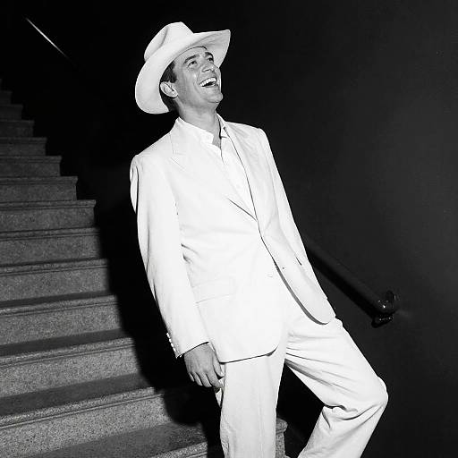 Photograph of a smiling man in a white suit and hat, standing on stairs at night, illuminated from the front.