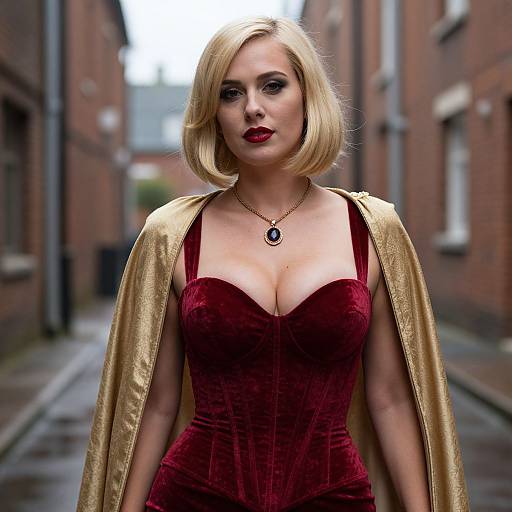 Photograph of a blonde woman with a bob haircut, wearing a red velvet corset, gold cape, and pendant, standing in a narrow, urban