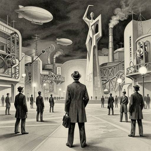 Black-and-white illustration of a futuristic cityscape at night. Dressed men with hats and coats face large zeppelins and industrial buildings, with