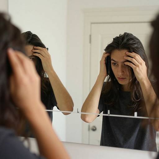 Photograph of a young woman with wet, dark hair, wearing a black shirt, standing in front of a bathroom mirror, using both hands to touch