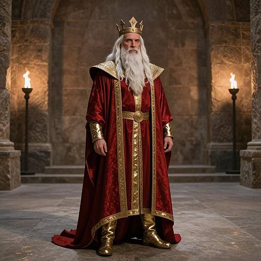 Photograph of an elderly white king with a long white beard, wearing a gold crown, red and gold regal robe, and golden boots, standing