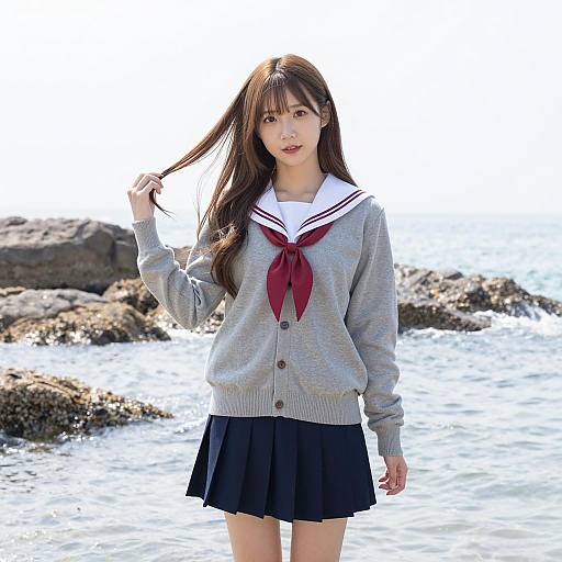 Young Woman in Sailor School Uniform by Rocky Seashore