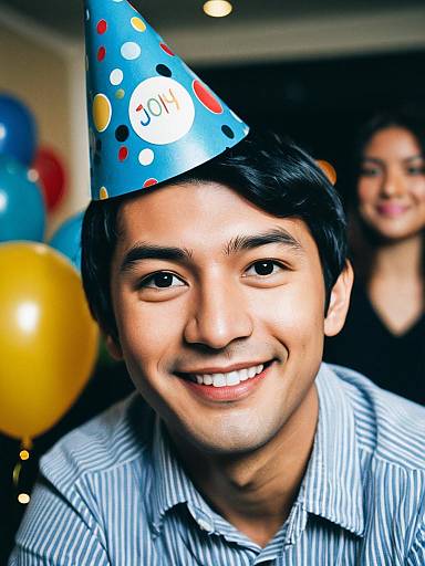 Photograph of a smiling Asian man with black hair wearing a blue polka-dot party hat and striped shirt, with a blurred woman in the background and
