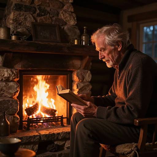 Grandfather Reading by Fireplace