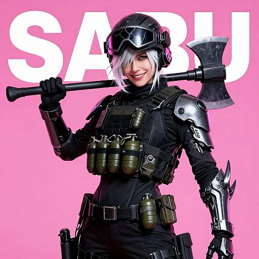 Digital artwork of a white-haired woman in black tactical armor, holding a double-headed axe, with 