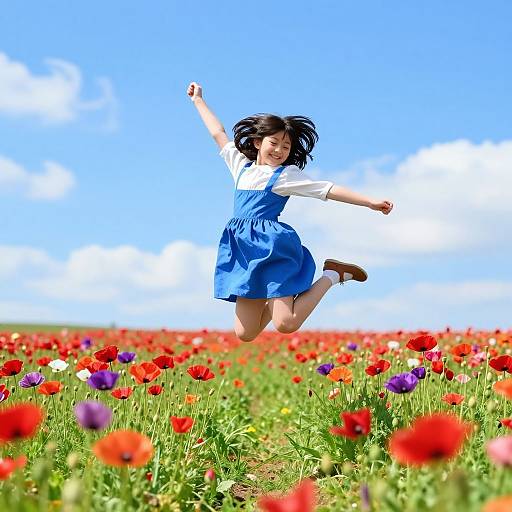 Photograph of a joyful Japanese girl with black hair, wearing a blue dress and white shirt, jumping in a vibrant red, purple, and orange pop