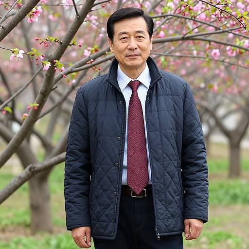 Photograph of an Asian man in a black quilted jacket, white shirt, and red tie, standing in a blooming cherry blossom orchard.
