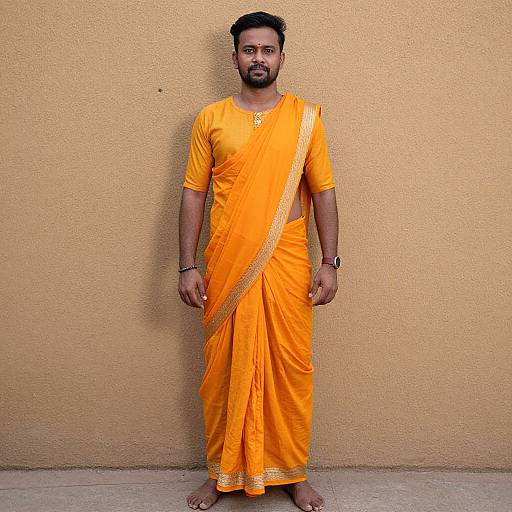 Photograph of a bearded South Asian man in a bright yellow traditional sari with gold trim, standing against a textured yellow wall, barefoot,