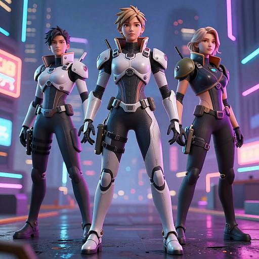 CGI image of three futuristic female soldiers in neon-lit city, wearing white and black armored suits, standing confidently in a cyberpunk street.