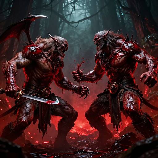 Digital artwork: Two blood-covered, muscular, demonic warriors with sharp claws and knives, clashing in a dark, fiery forest. Red glow highlights their