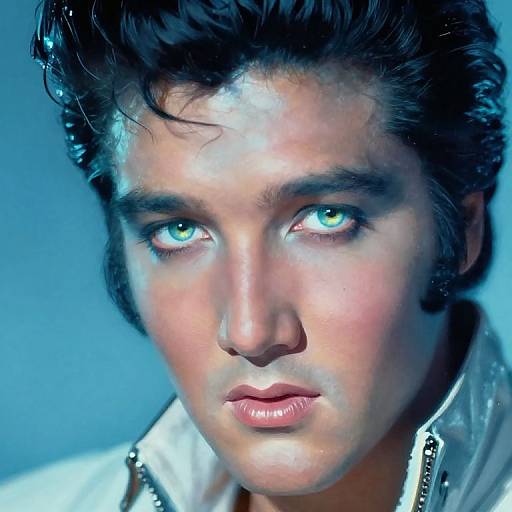Close-up photograph of a young man with striking blue eyes, dark wavy hair, and a serious expression, wearing a white jacket against a blue background
