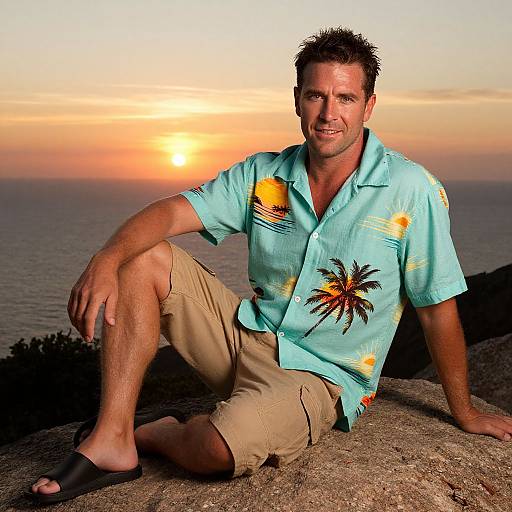 Photograph of a smiling man with short brown hair, wearing a turquoise Hawaiian shirt with palm tree and sunset patterns, beige shorts, and black sandals,