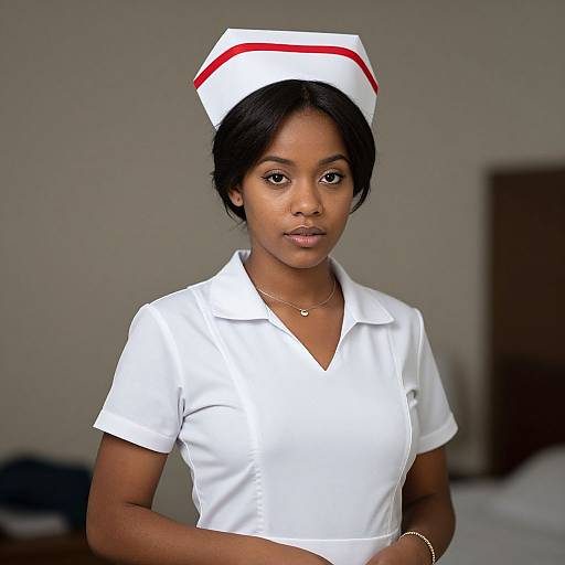 Photograph of a young Black woman in a white nurse uniform with red-trimmed cap, standing in a softly lit room.
