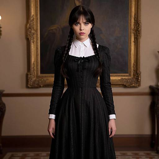 Photograph of a pale-skinned woman with black braided hair, wearing a Victorian-style black dress with white collar, standing in an ornate room