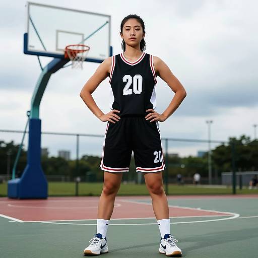 Photograph of an Asian female basketball player with black hair in a ponytail, wearing a black jersey with 