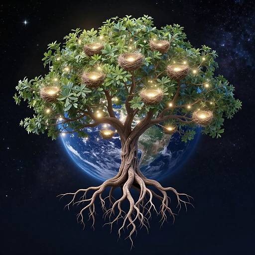 Digital artwork of a tree with glowing bird nests, rooted in Earth, set against a starry space background.
