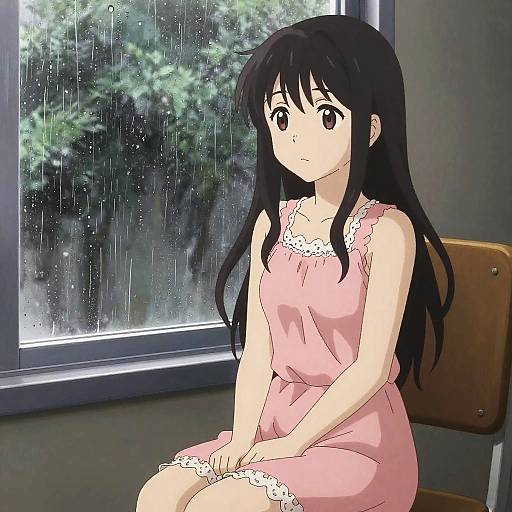 Anime-style digital drawing of a girl with long black hair, wearing a pink nightgown with white lace, sitting by a rainy window.