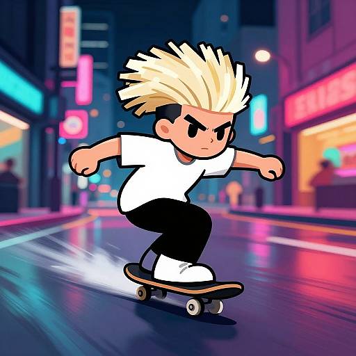 Energetic Cartoon Skater in Neon City