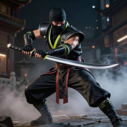 Photograph of a muscular ninja with black attire, mask, and yellow accents, wielding a glowing katana in a smoky, urban night setting.