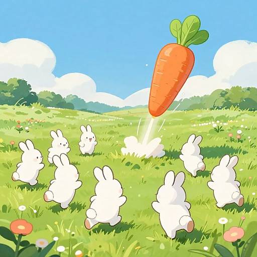 Cartoon-style digital illustration of white bunnies dancing in a vibrant green meadow with a giant orange carrot falling from the sky. Bright blue sky