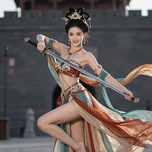Digital art of an Asian woman in ornate, revealing armor, holding a sword, with flowing hair and ribbons, in a medieval courtyard.