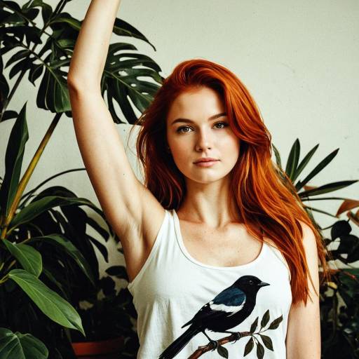 Red-haired woman in white tank top with bird graphic