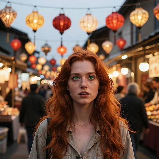 Photograph of a red-haired woman with green eyes standing in a bustling evening market, surrounded by glowing red lanterns.