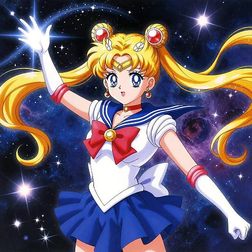 Digital anime-style artwork of Sailor Moon with blonde pigtails, white gloves, blue sailor outfit, red bow, and cosmic starry background.