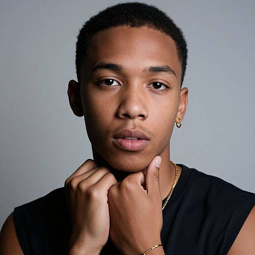 Photograph of a young African-American man with short black hair, medium brown skin, wearing a black sleeveless shirt, gold hoop earring, and
