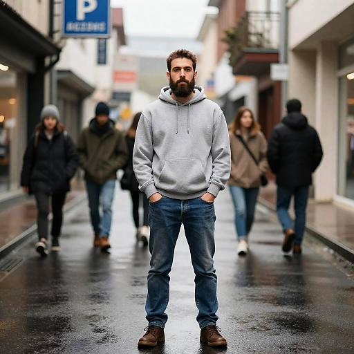 Bearded Man on a Wet Urban Street