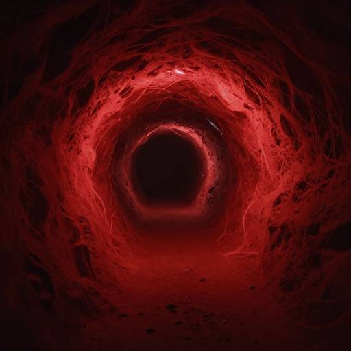 Digital artwork of a vibrant red, swirling vortex tunnel with glowing, fiery textures converging into a dark, black center.