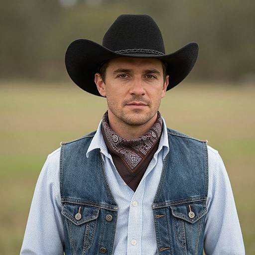 Photograph of a Caucasian man with light skin, wearing a black cowboy hat, denim vest, white shirt, and patterned bandana, standing in