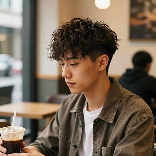 Photograph of an Asian teenage boy with messy black hair, wearing a brown jacket over a white shirt, holding a iced coffee, sitting in a