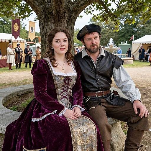 Photograph of a fair-skinned, brown-haired woman in a purple Renaissance dress and a bearded man in black vest and cap, sitting by a