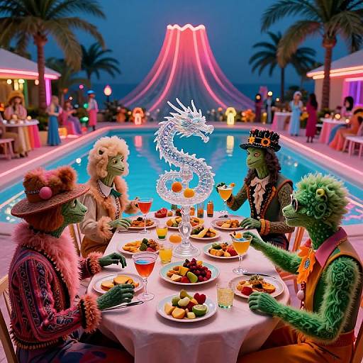 Photograph of four anthropomorphic animals in formal attire dining by a neon-lit pool at a tropical resort, with a glowing dragon centerpiece and colorful cocktails