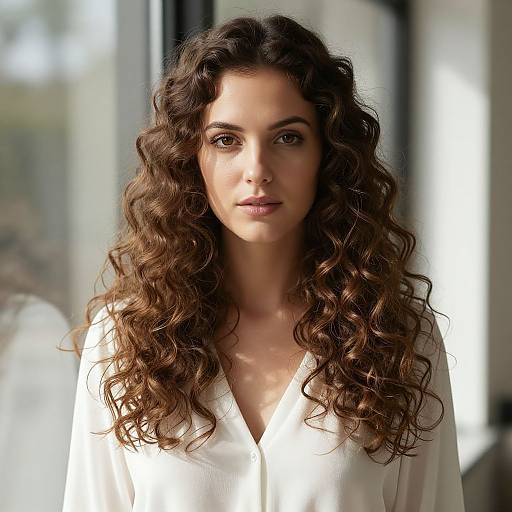 Photograph of a woman with long, curly brown hair, wearing a white blouse, standing indoors with soft natural light.