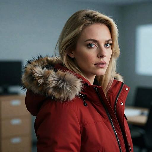 Intense Blonde in Red Parka Portrait